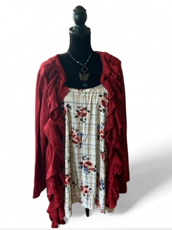 Fevour Sweaters - Cottagecore Red Ruffle Open-Front Women's Sweater Cardigan & floral slub tee